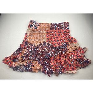 Cabi Mosaic Print Ruffle Mini Skirt Small Smocked Waist Tiered Boho Viscose 5053